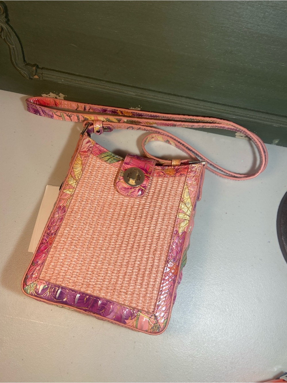 Brahmin Pink Woven Crossbody with Floral Trim - Picture 12 of 13
